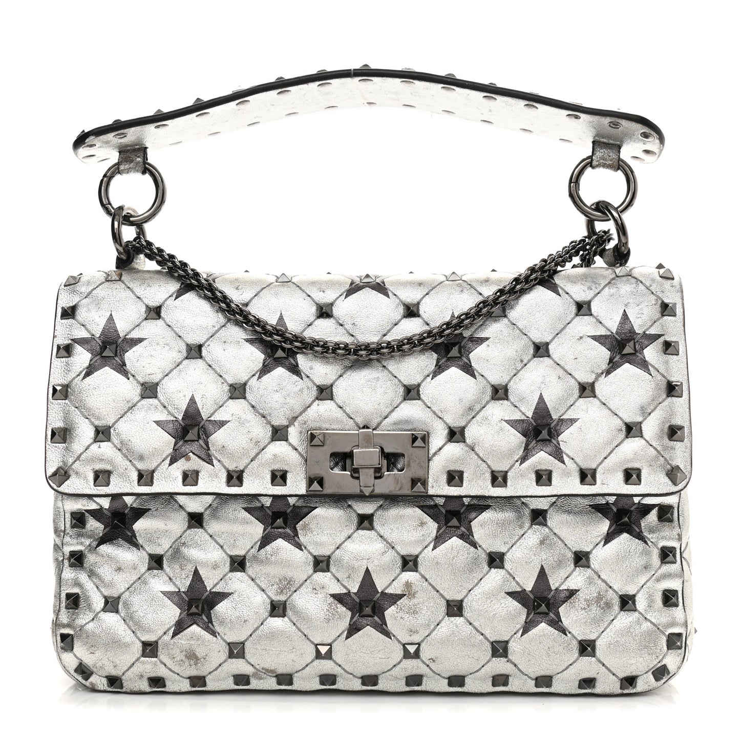 Metallic Lambskin Medium Star Rockstud Spike Shoulder Bag Silver