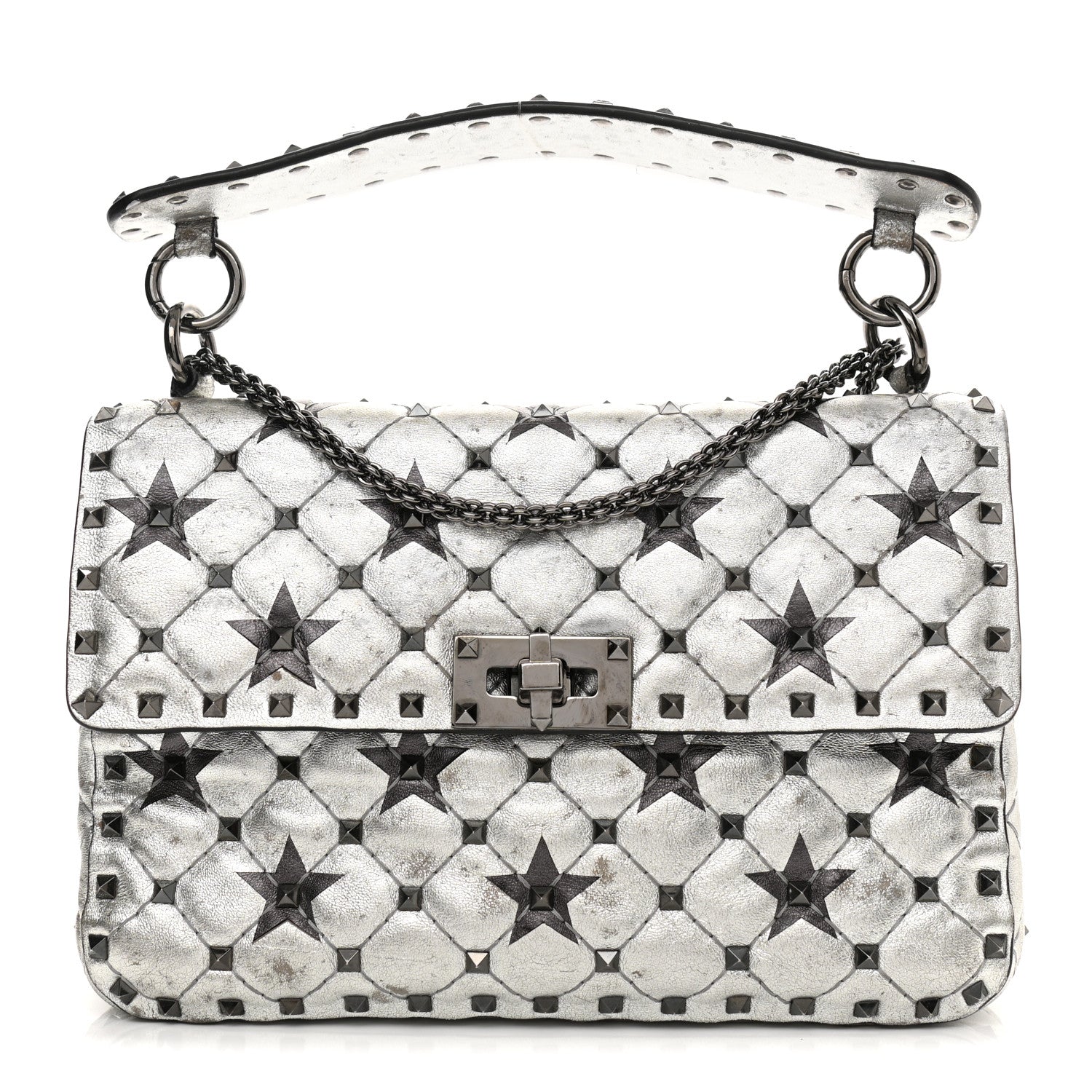 Valentino Garavani Metallic Lambskin Medium Star Rockstud Spike Shoulder Bag Silver 1 of 17