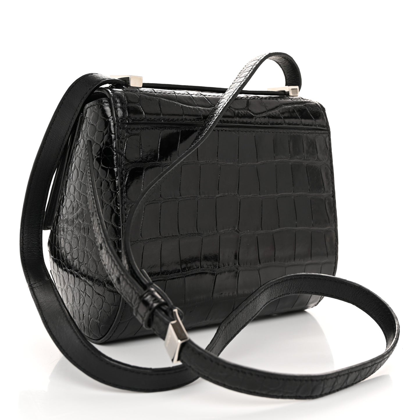 Calfskin Crocodile Embossed Mini Pandora Box Crossbody Bag Black