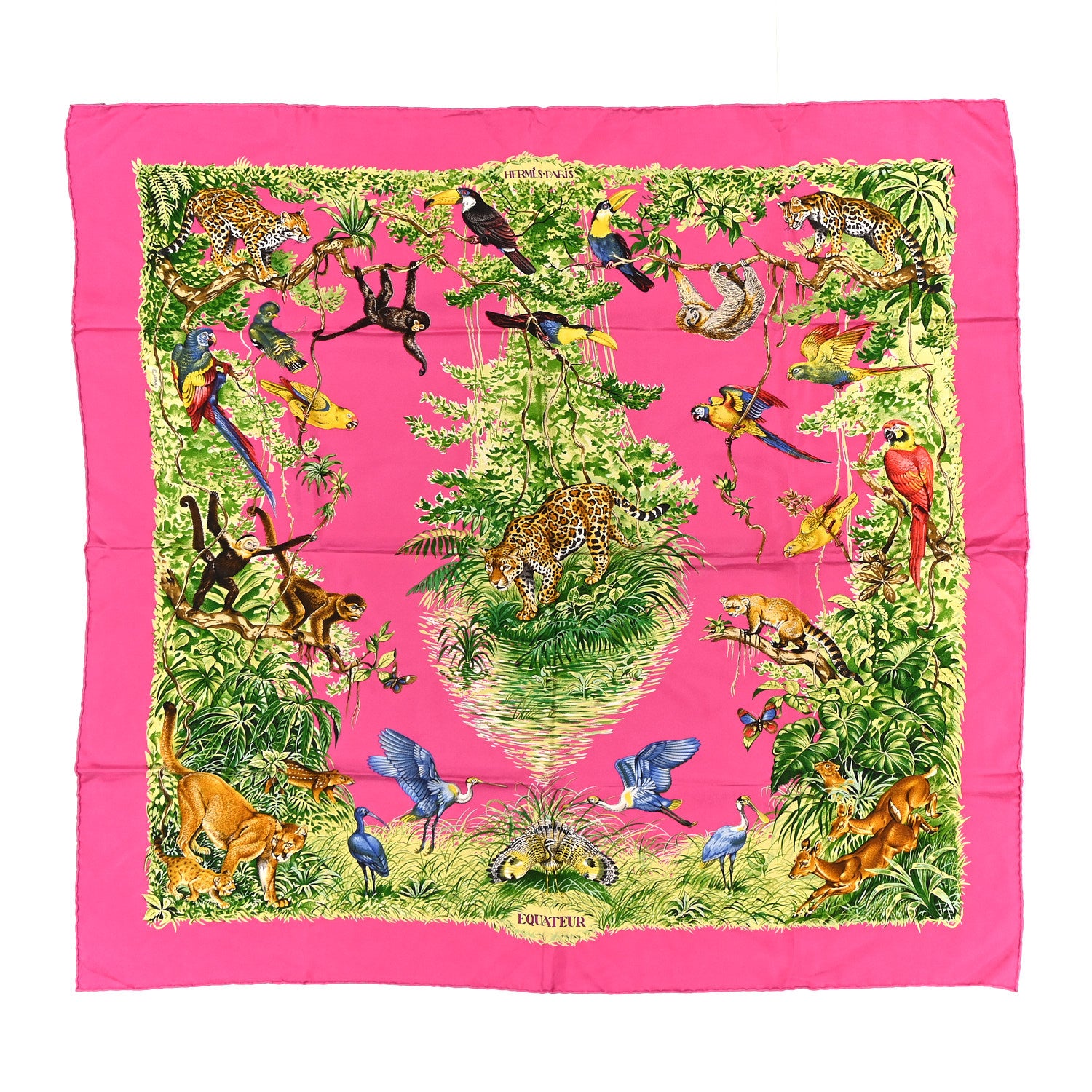 Hermes Silk Equateur Scarf 90 Rose Vif Vert Jaune 1 of 7