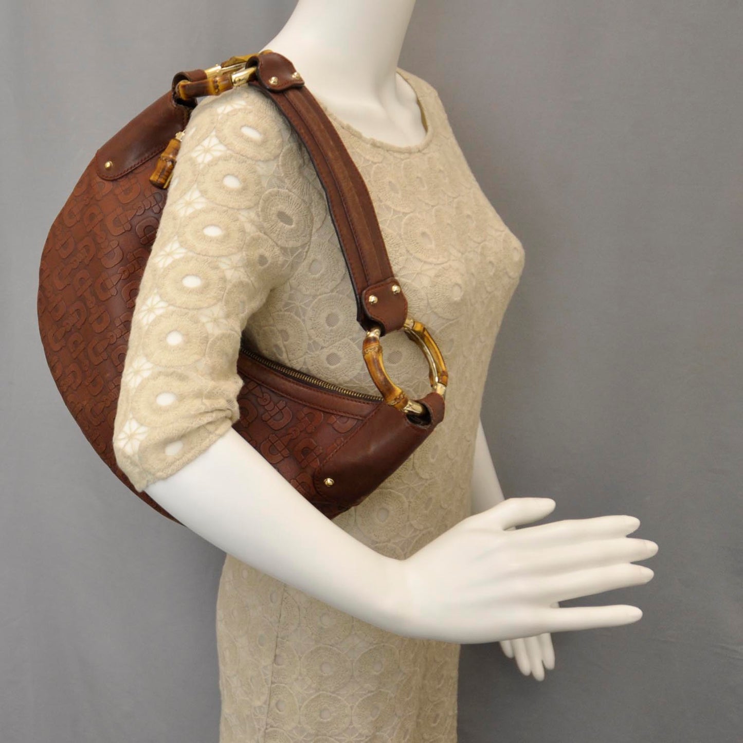 Leather Horsebit Embossed Bamboo Ring Hobo