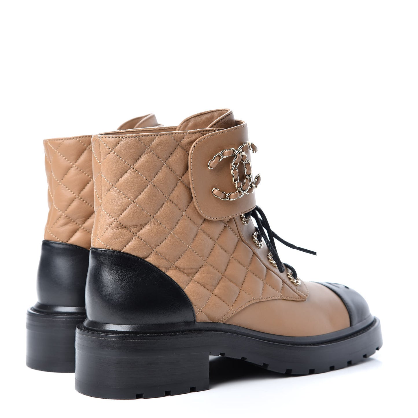 Lambskin Calfskin Quilted Lace Up Combat Boots 39.5 Light Brown Black