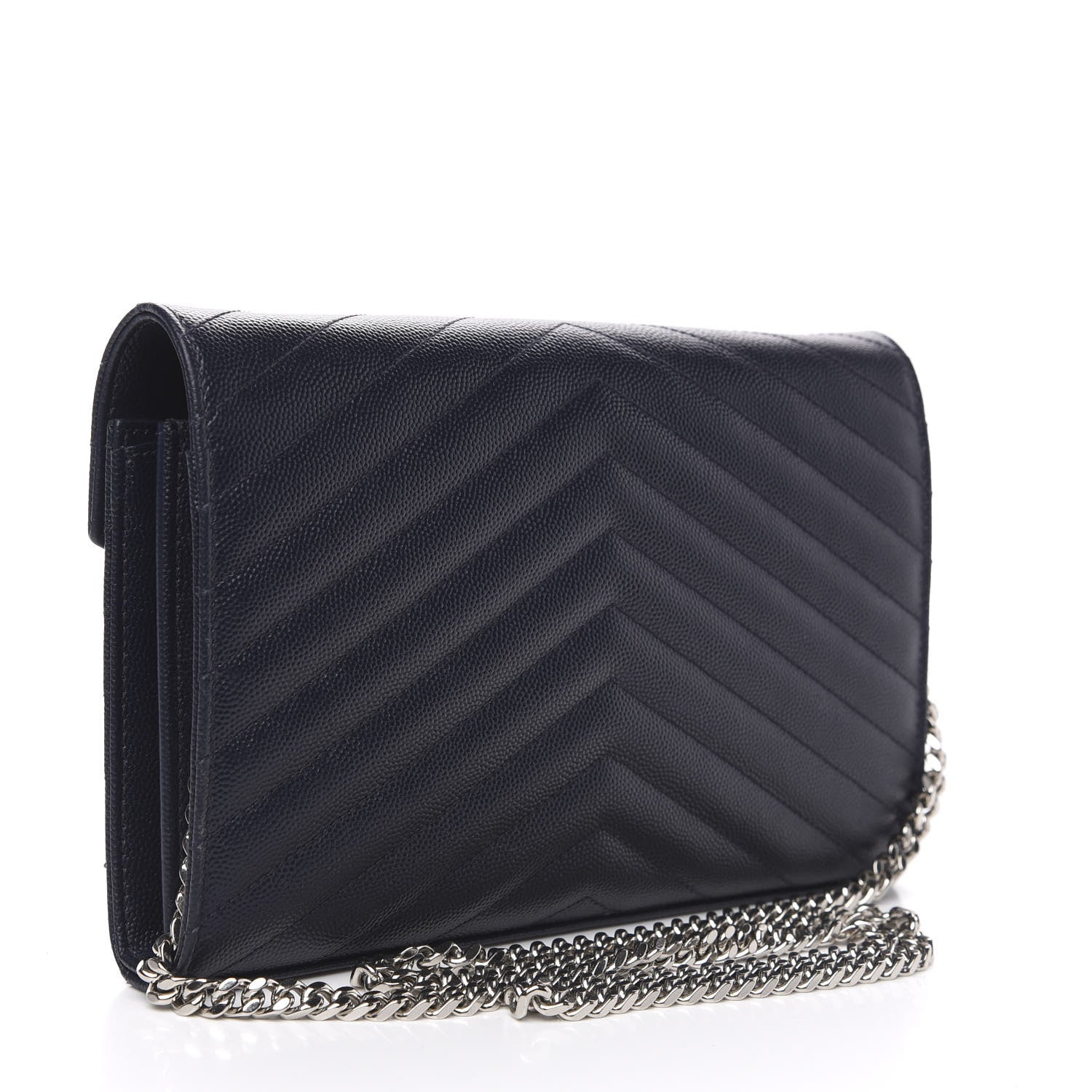 Saint Laurent Grain De Poudre Matelasse Chevron Monogram Chain Wallet Deep Marine 3 of 8