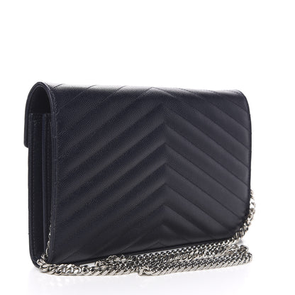 Saint Laurent Grain De Poudre Matelasse Chevron Monogram Chain Wallet Deep Marine 3 of 8