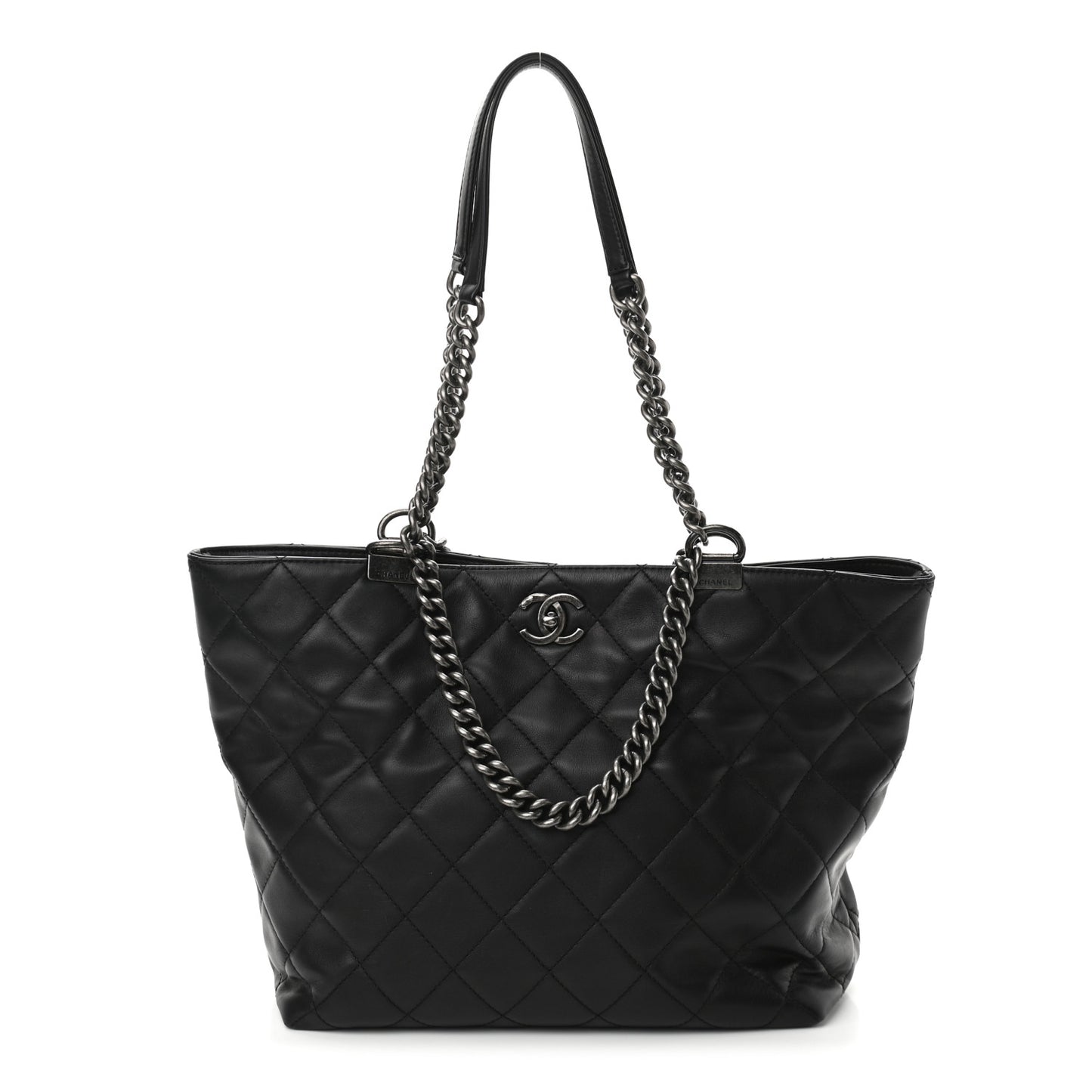 Sheepskin Quilted Chain Handle Large Shopping Tote Black
