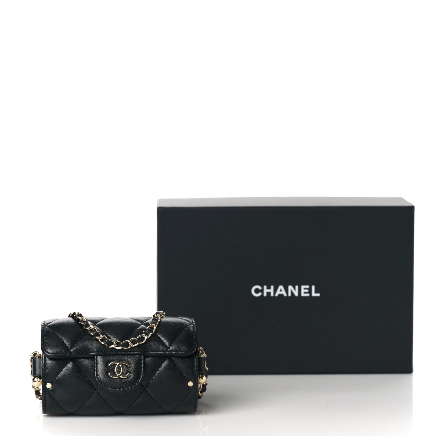 Lambskin Quilted Box Of Secrets Card Holder With Chain Black