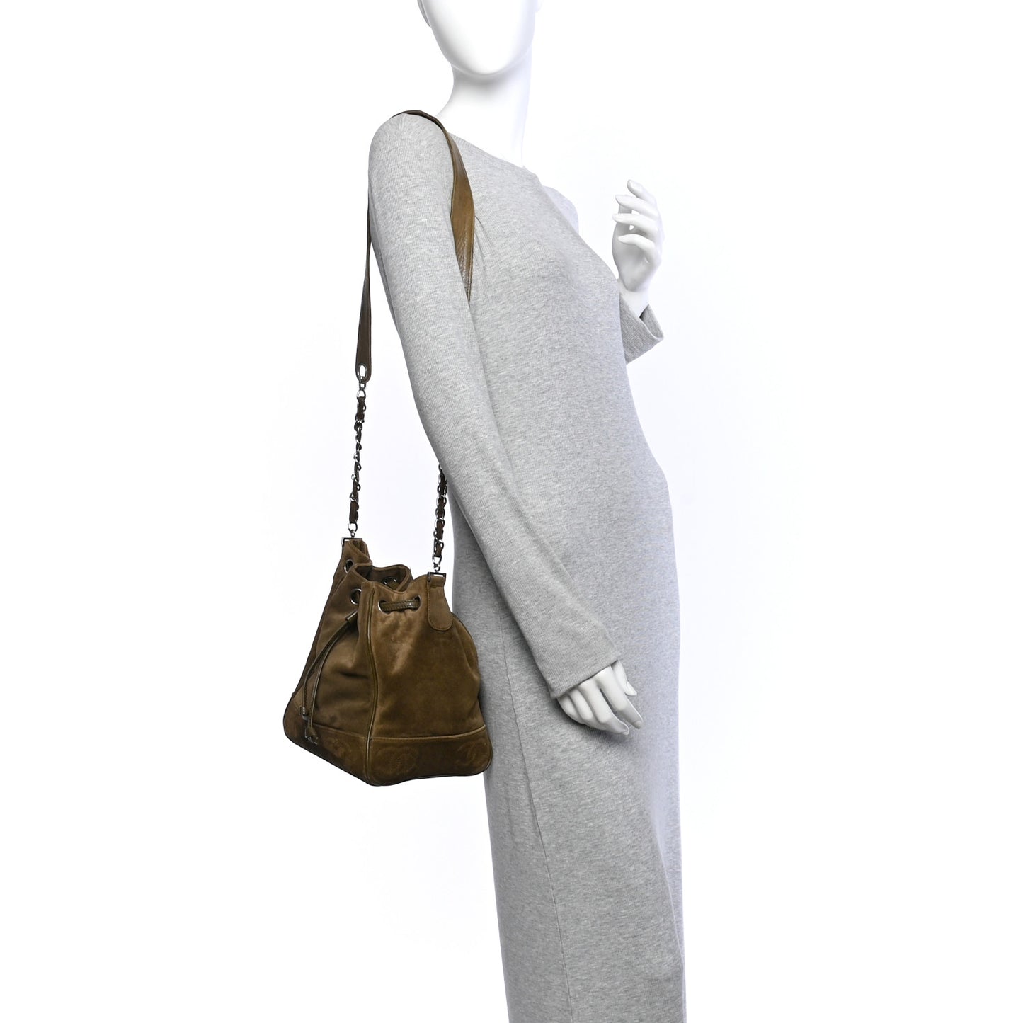 Suede Drawstring Bucket Bag Khaki