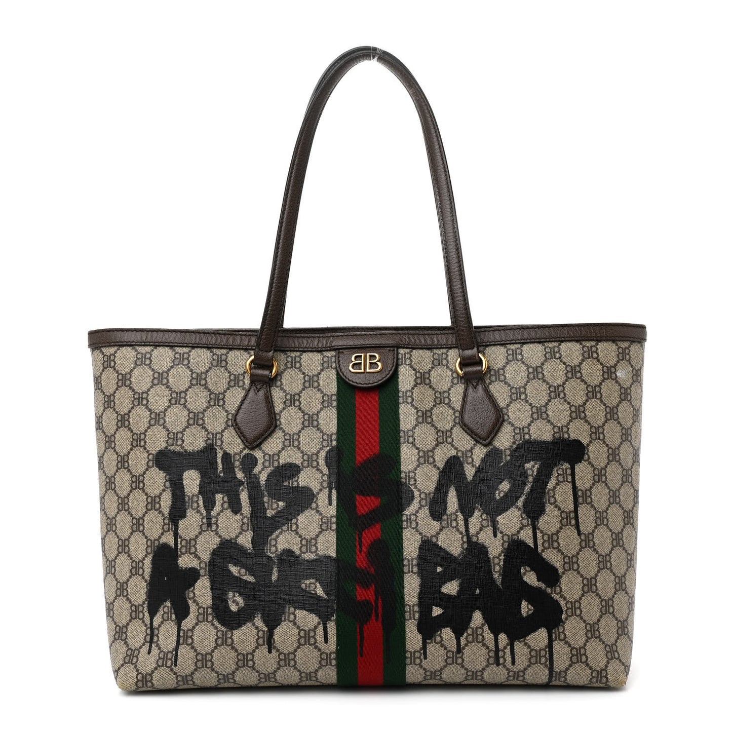 X BALENCIAGA BB Supreme Monogram Web Graffiti Medium Ophidia Shopping Tote Beige New Acero