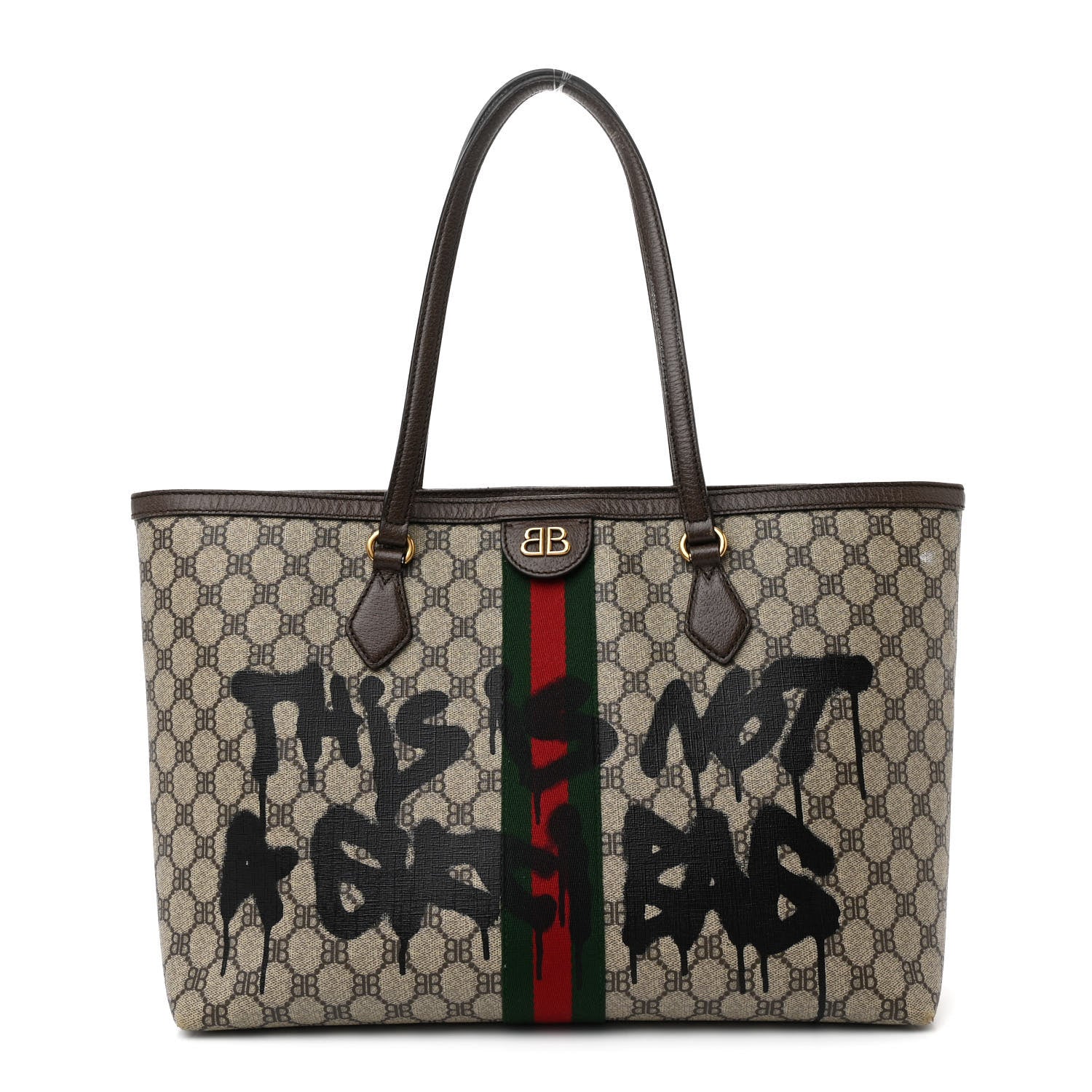 Gucci X BALENCIAGA BB Supreme Monogram Web Graffiti Medium Ophidia Shopping Tote Beige New Acero 2 of 23