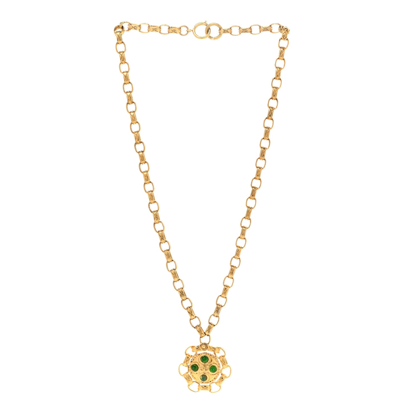 Crystal Gripoix Poured Glass Pendant Necklace Gold Green