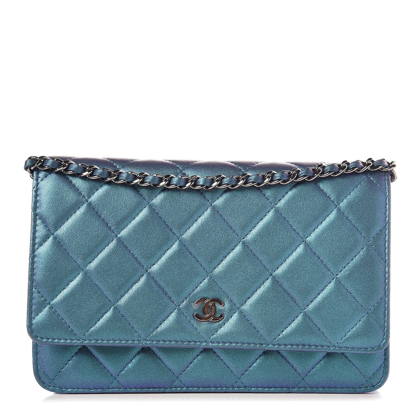 Iridescent Lambskin Quilted Wallet On Chain WOC Turquoise
