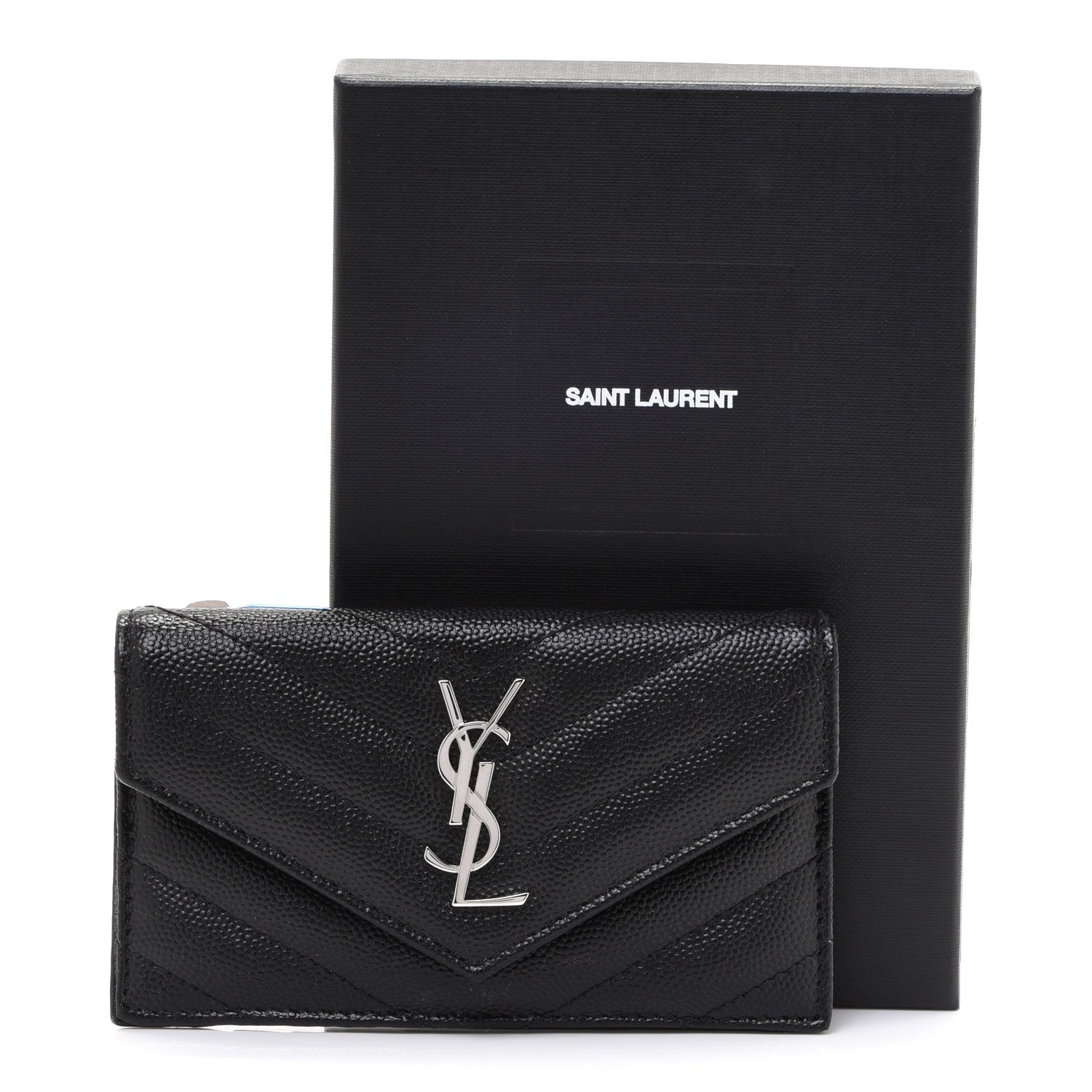 Saint Laurent Grain De Poudre Matelasse Chevron Monogram Compact Wallet Black 8 of 8