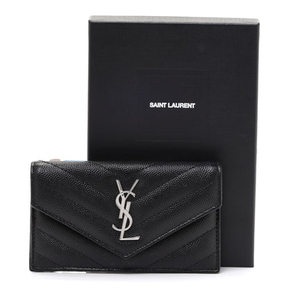 Saint Laurent Grain De Poudre Matelasse Chevron Monogram Compact Wallet Black 8 of 8