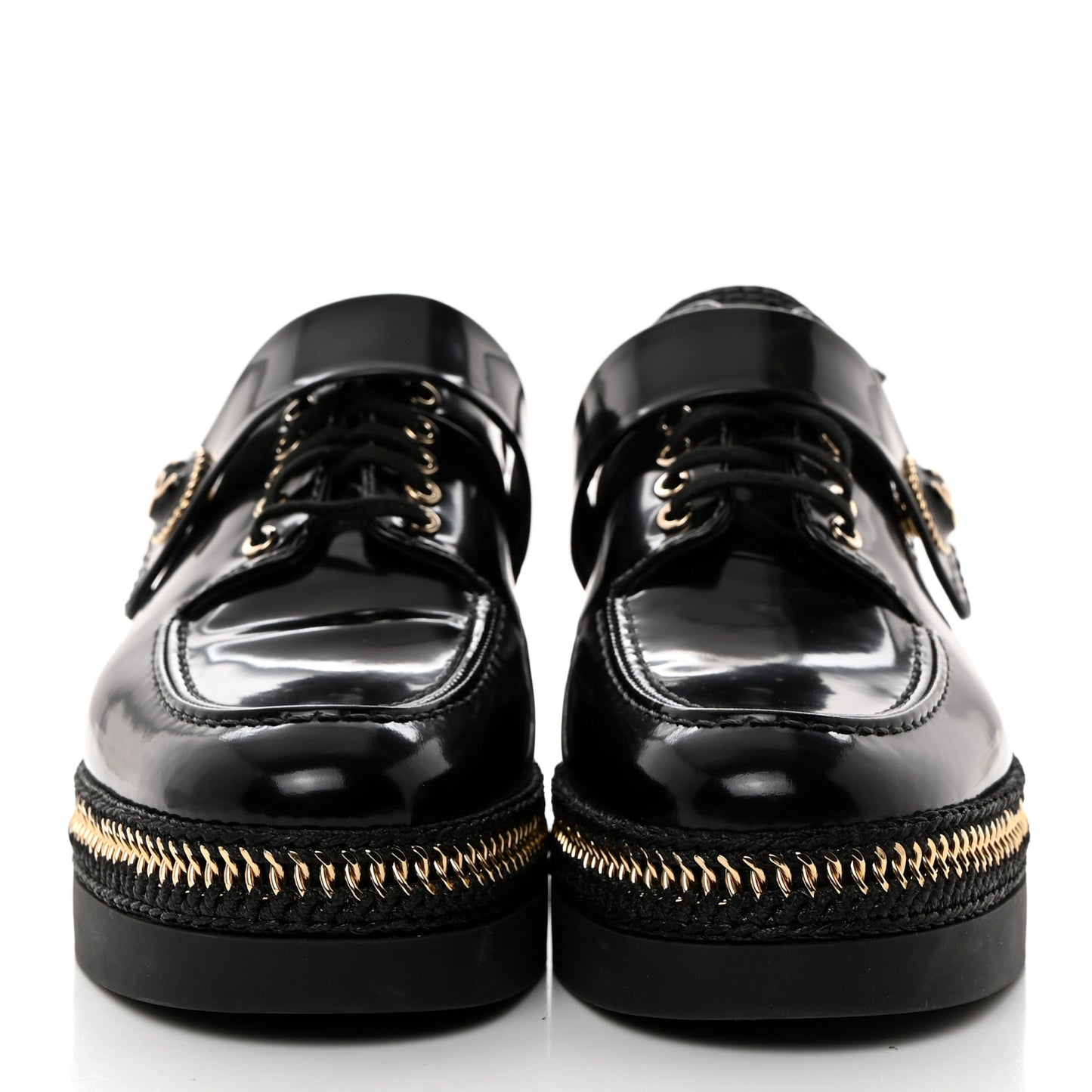 Shiny Calfskin Lace Up Platform Loafers 39 Black