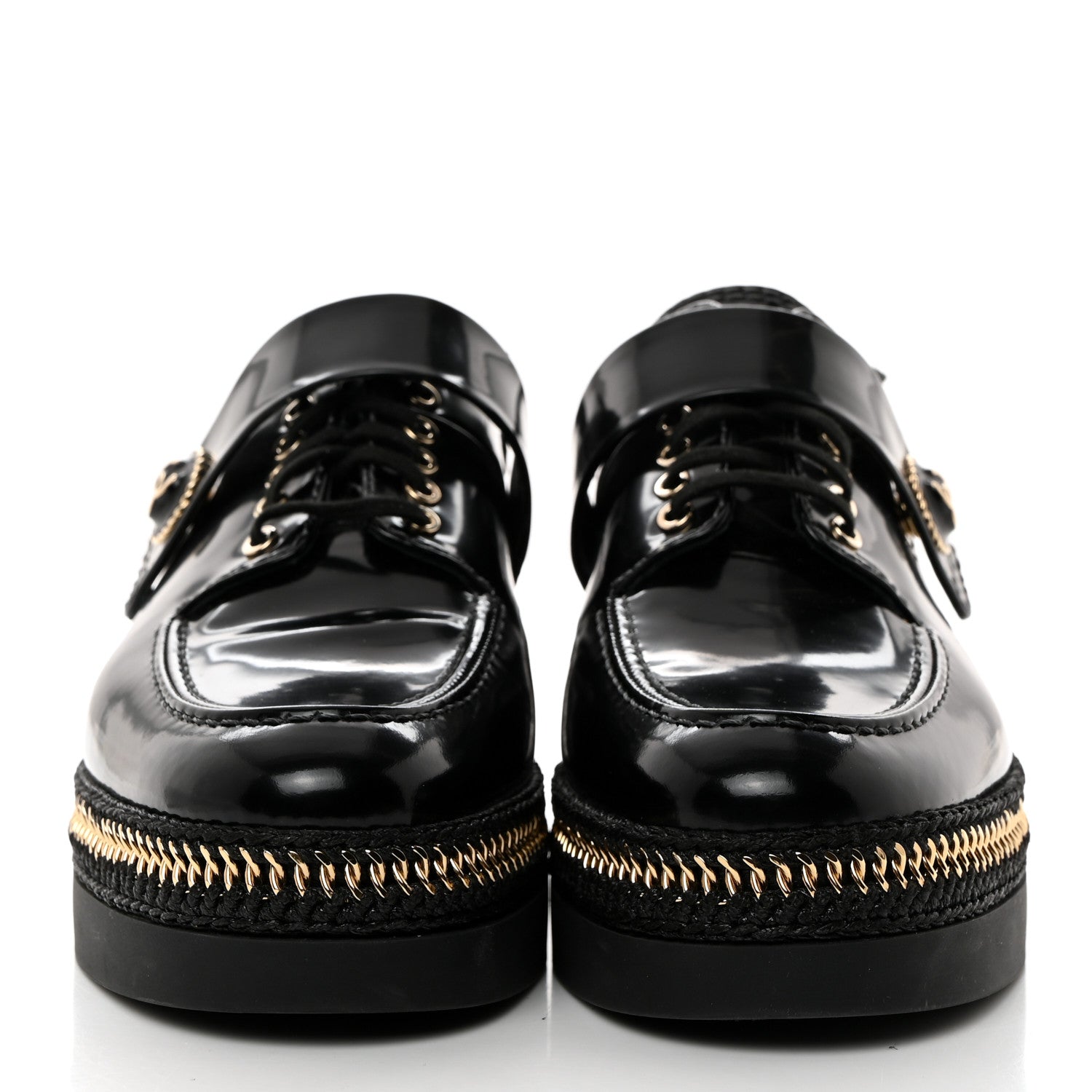 Chanel Shiny Calfskin Lace Up Platform Loafers 39 Black 2 of 9
