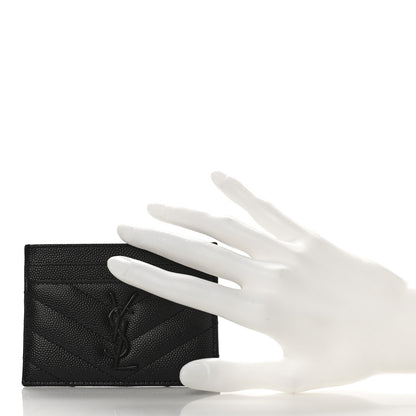 Saint Laurent Grain De Poudre Matelasse Chevron Monochrome Monogram Credit Card Case Black 2 of 9
