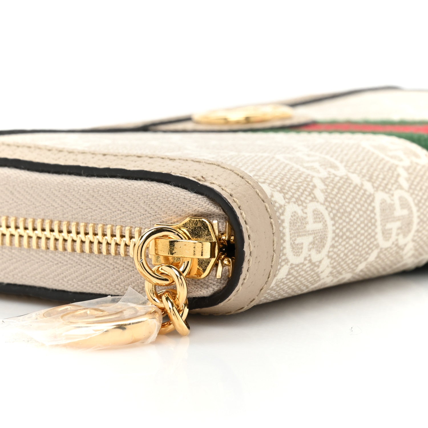 Gucci GG Supreme Monogram Textured Dollar Calfskin Web Ophidia Zip Around Wallet Beige Mystic White Oatmeal 12 of 14