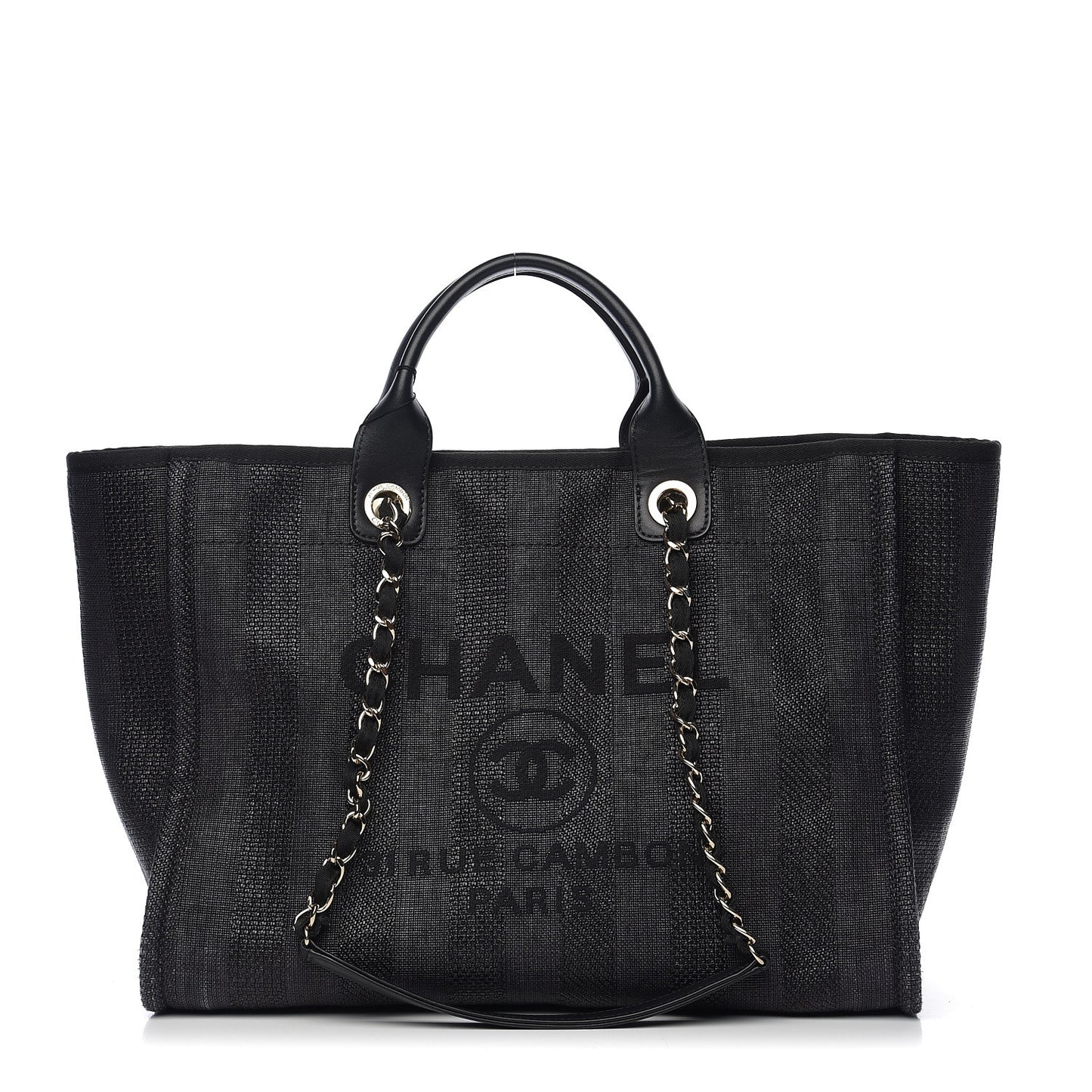 Straw Raffia Calfskin Striped Large Deauville Tote Black