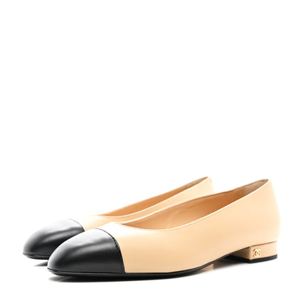 Chanel Lambskin Cap Toe CC Uniform Ballerina Flats 38.5 Beige Black 3 of 9