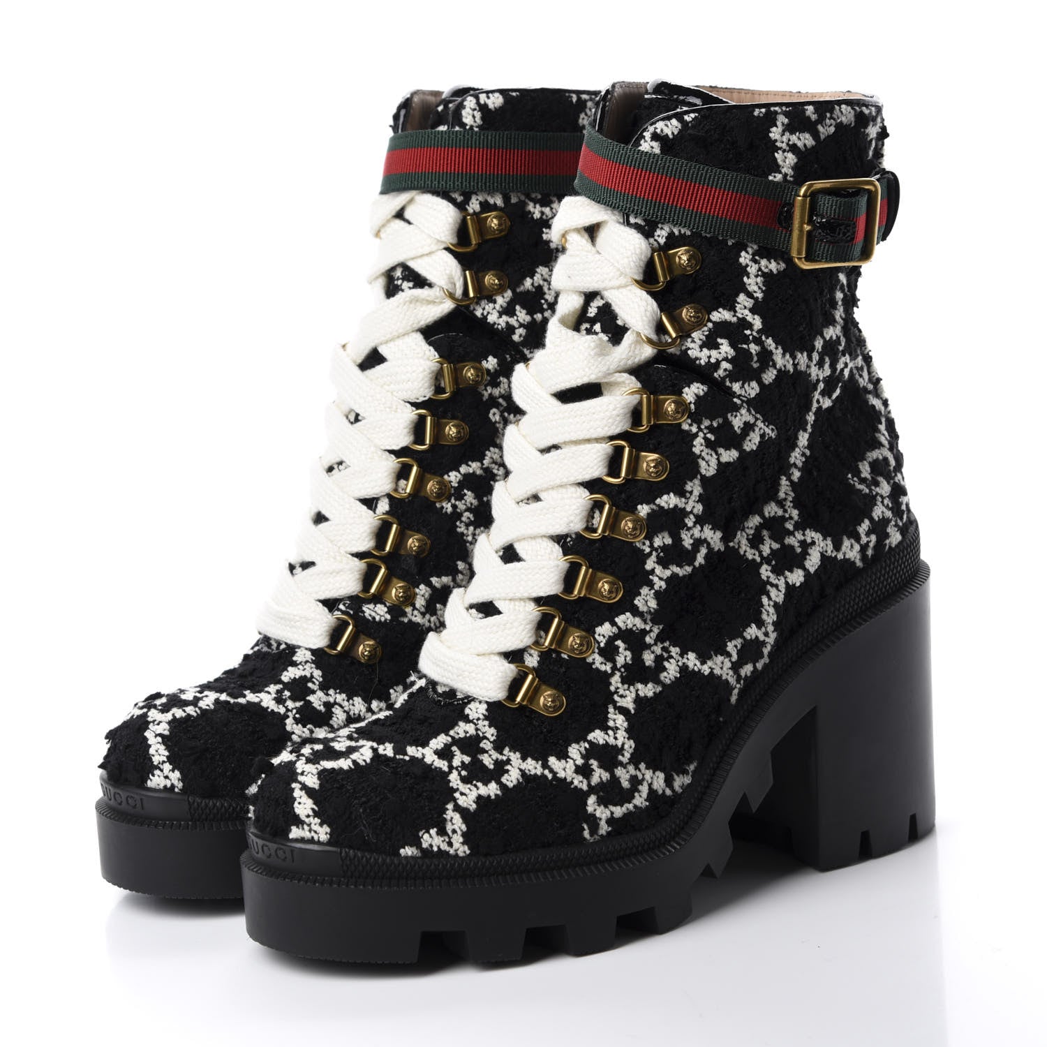 Gucci Tweed GG Monogram Lace Up Combat Ankle Boots 38 Black 3 of 12