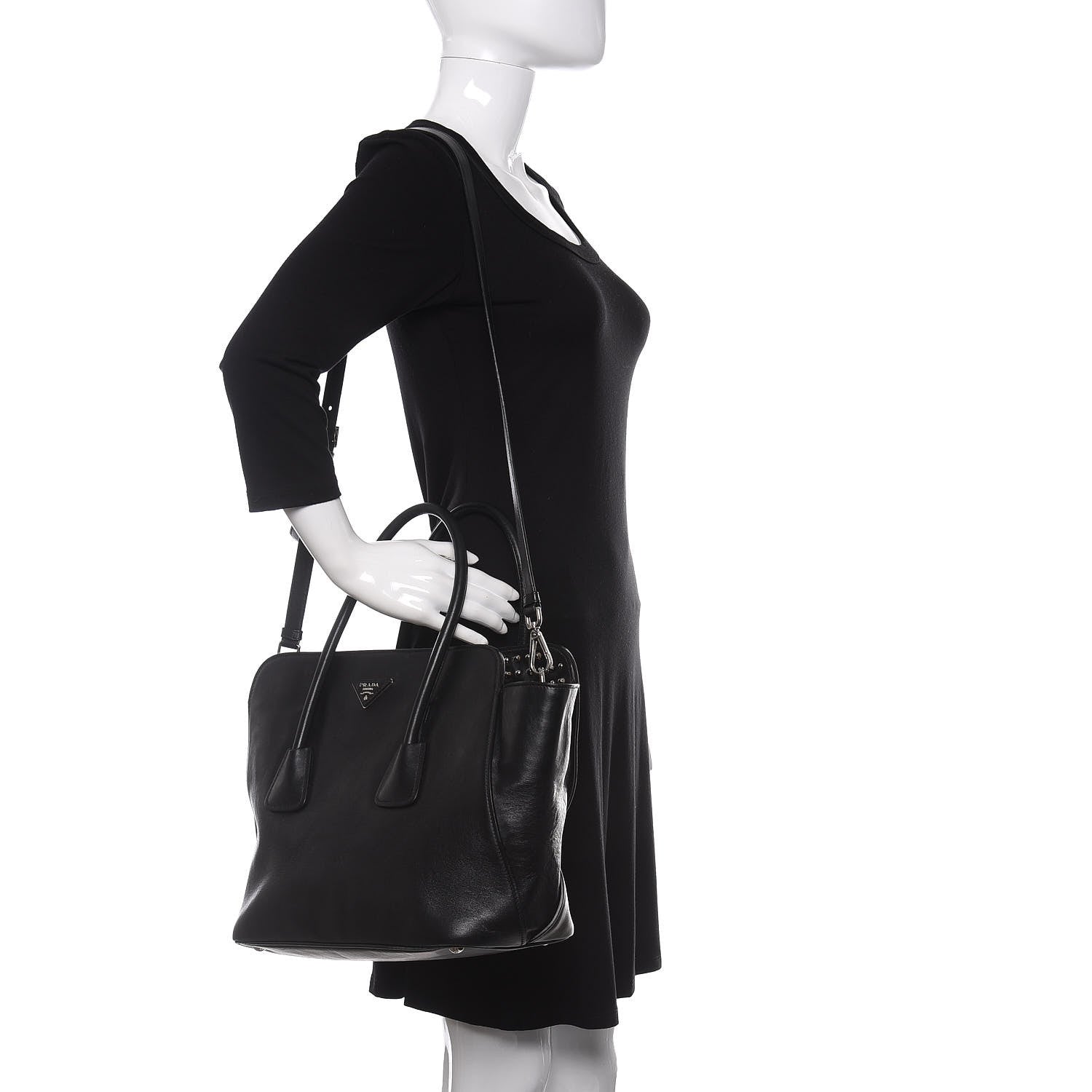 Prada Soft Calfskin Studded East West Tote Black 2 of 12