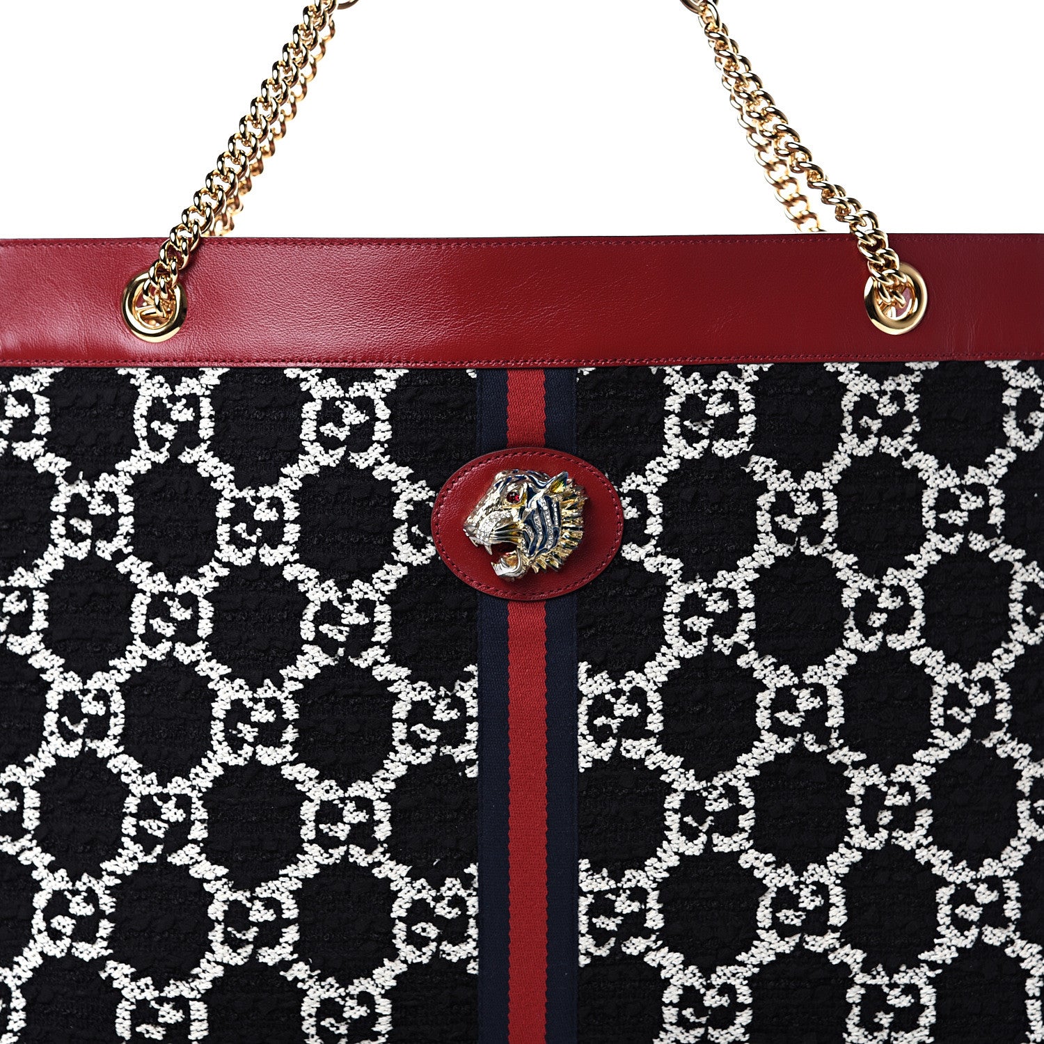 Gucci Tweed GG Monogram Large Rajah Chain Tote Romantic Cherry Black White 8 of 10