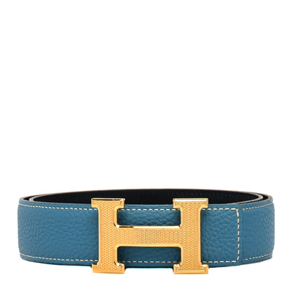 Hermes Togo Box 32mm Guilloche H Belt 75 Blue Jean Black 1 of 6