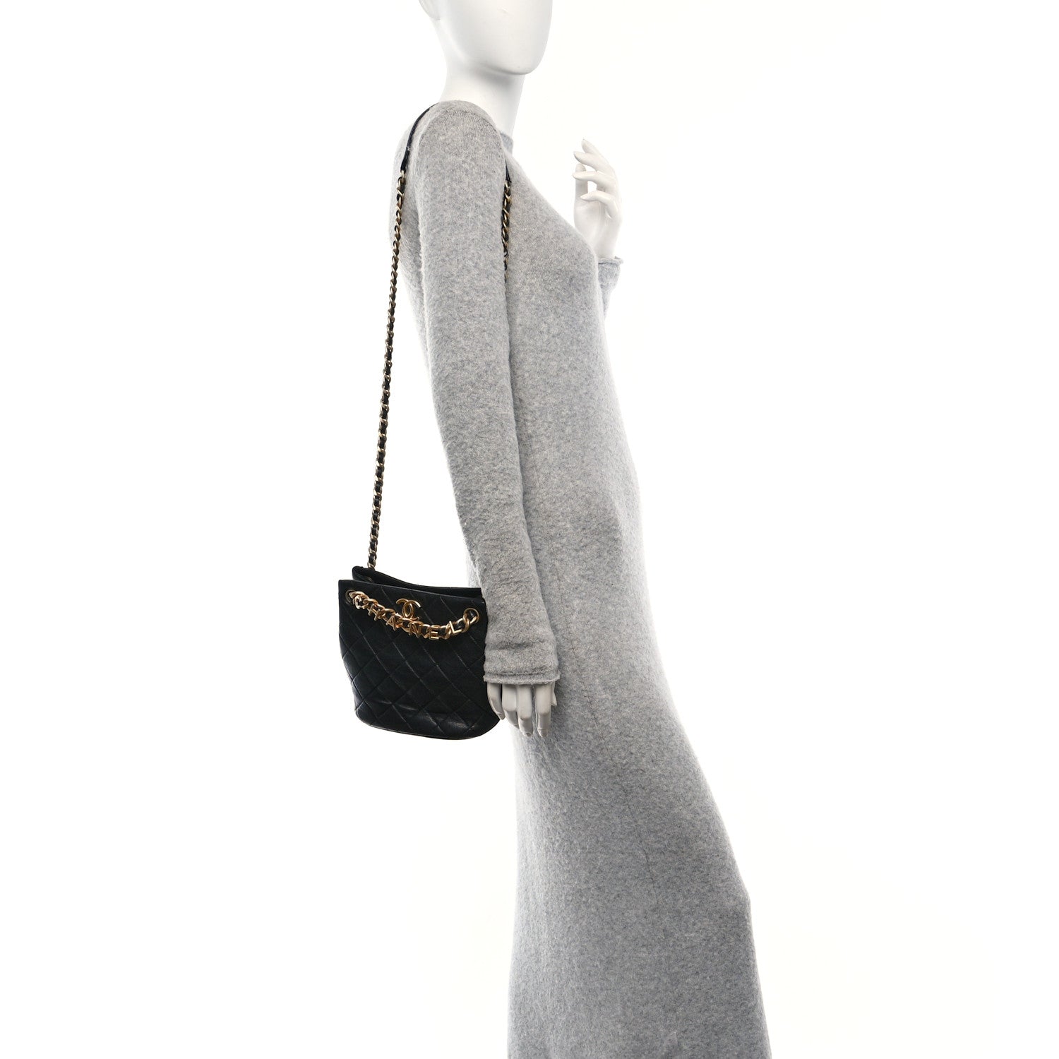 Chanel Lambskin Quilted Chaine Lettre Small Bucket Bag Black 2 of 10