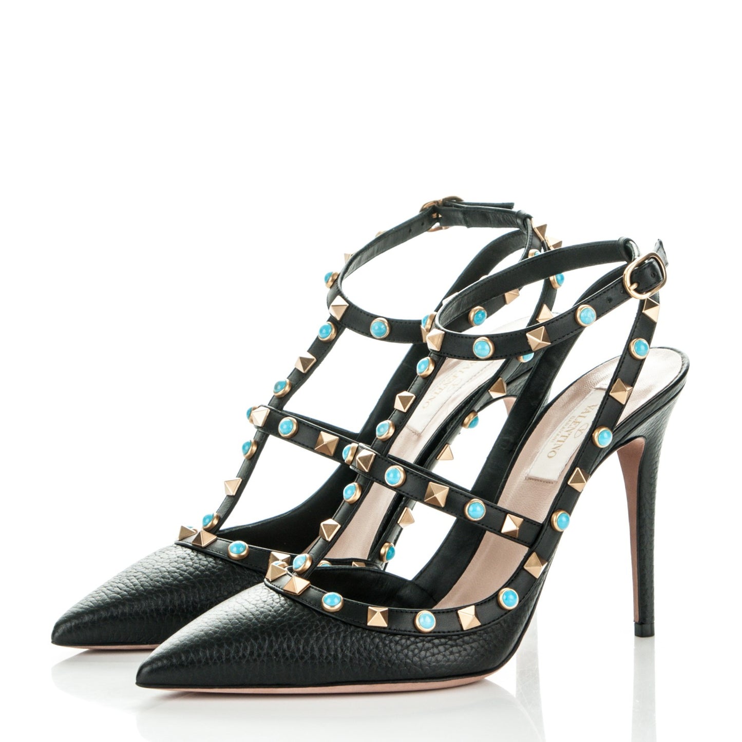 Pebbled Calfskin Turquoise Rockstud Rolling Ankle Strap 100mm Pumps 39 Black