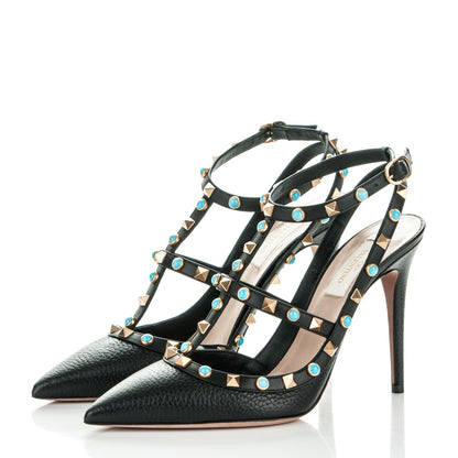 Valentino Garavani Pebbled Calfskin Turquoise Rockstud Rolling Ankle Strap 100mm Pumps 39 Black 3 of 7