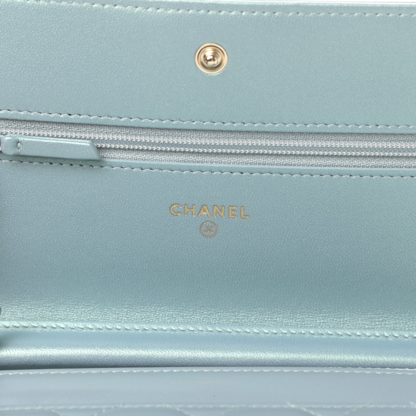 Metallic Patent Calfskin Quilted Boy Wallet on Chain WOC Light Blue