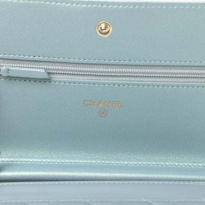 Chanel Metallic Patent Calfskin Quilted Boy Wallet on Chain WOC Light Blue 6 of 15