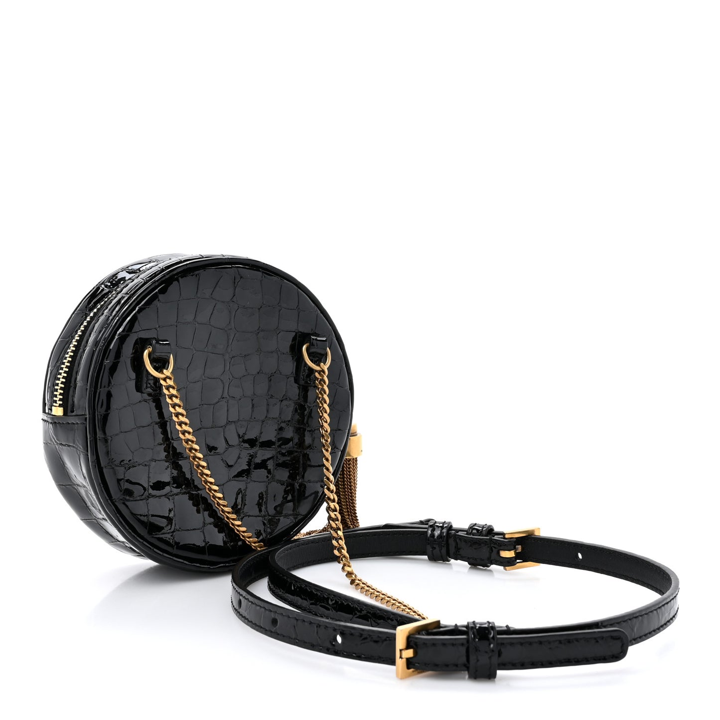 Patent Crocodile Embossed Round Belt Bag Black
