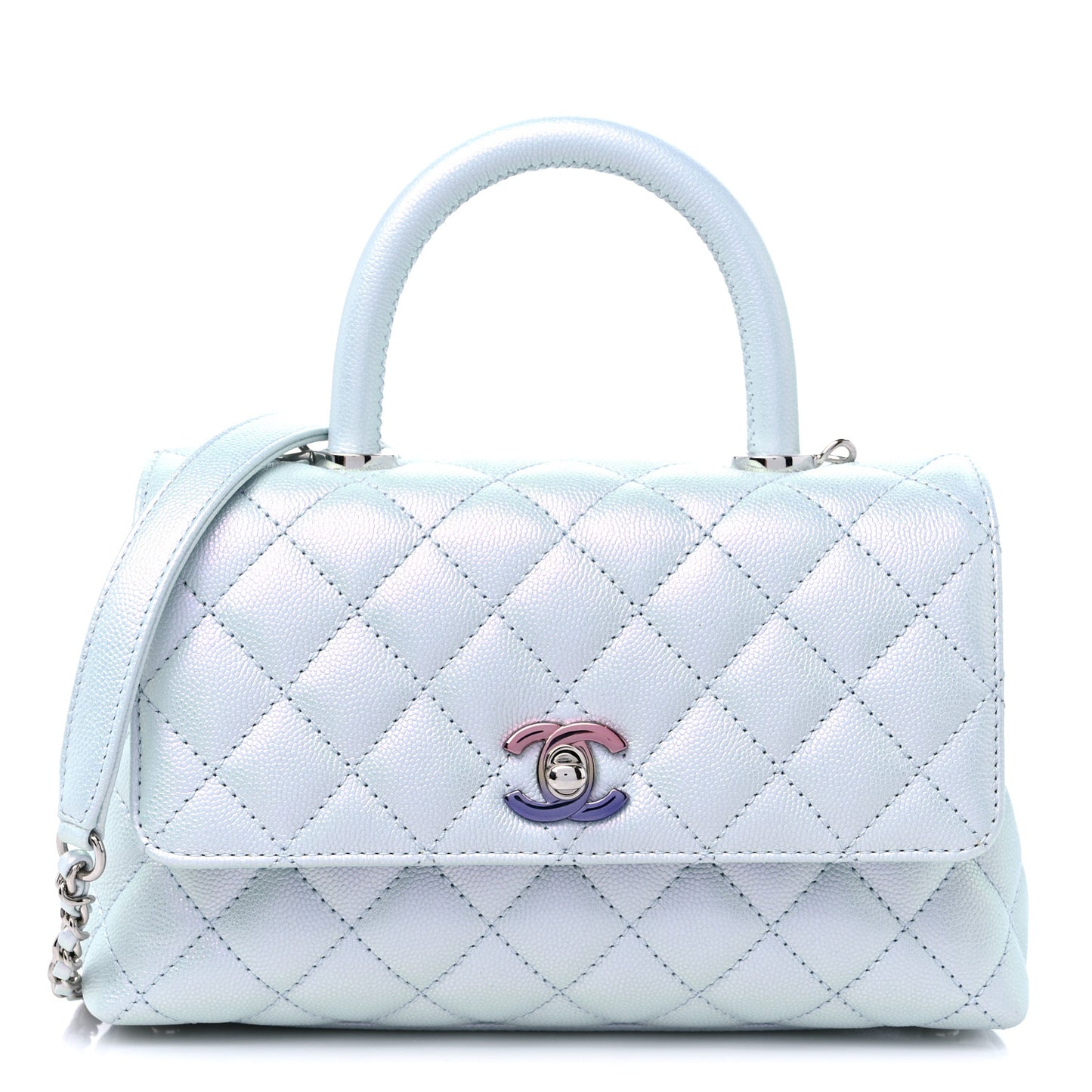 Iridescent Caviar Quilted Mini Coco Handle Flap Light Blue
