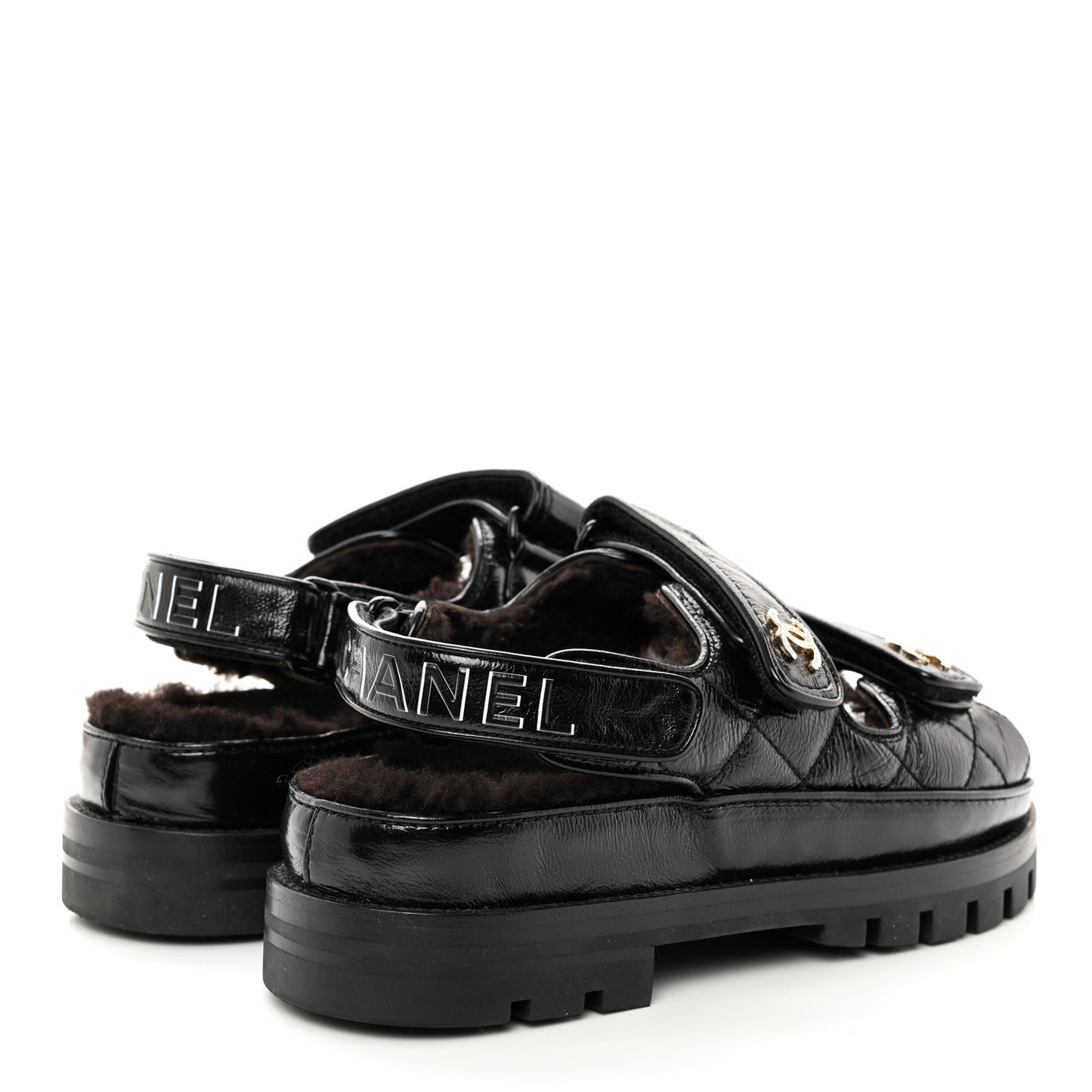 Laminated Lambskin Shearling Crystal CC Velcro Dad Platform Sandals 36 Black