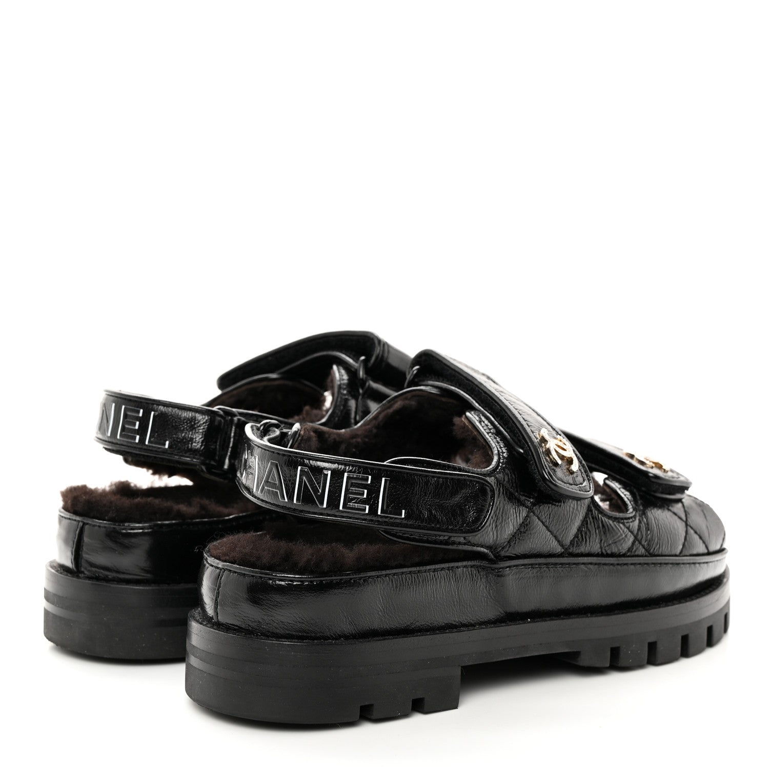 Chanel Laminated Lambskin Shearling Crystal CC Velcro Dad Platform Sandals 36 Black 4 of 12