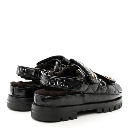 Chanel Laminated Lambskin Shearling Crystal CC Velcro Dad Platform Sandals 36 Black 4 of 12