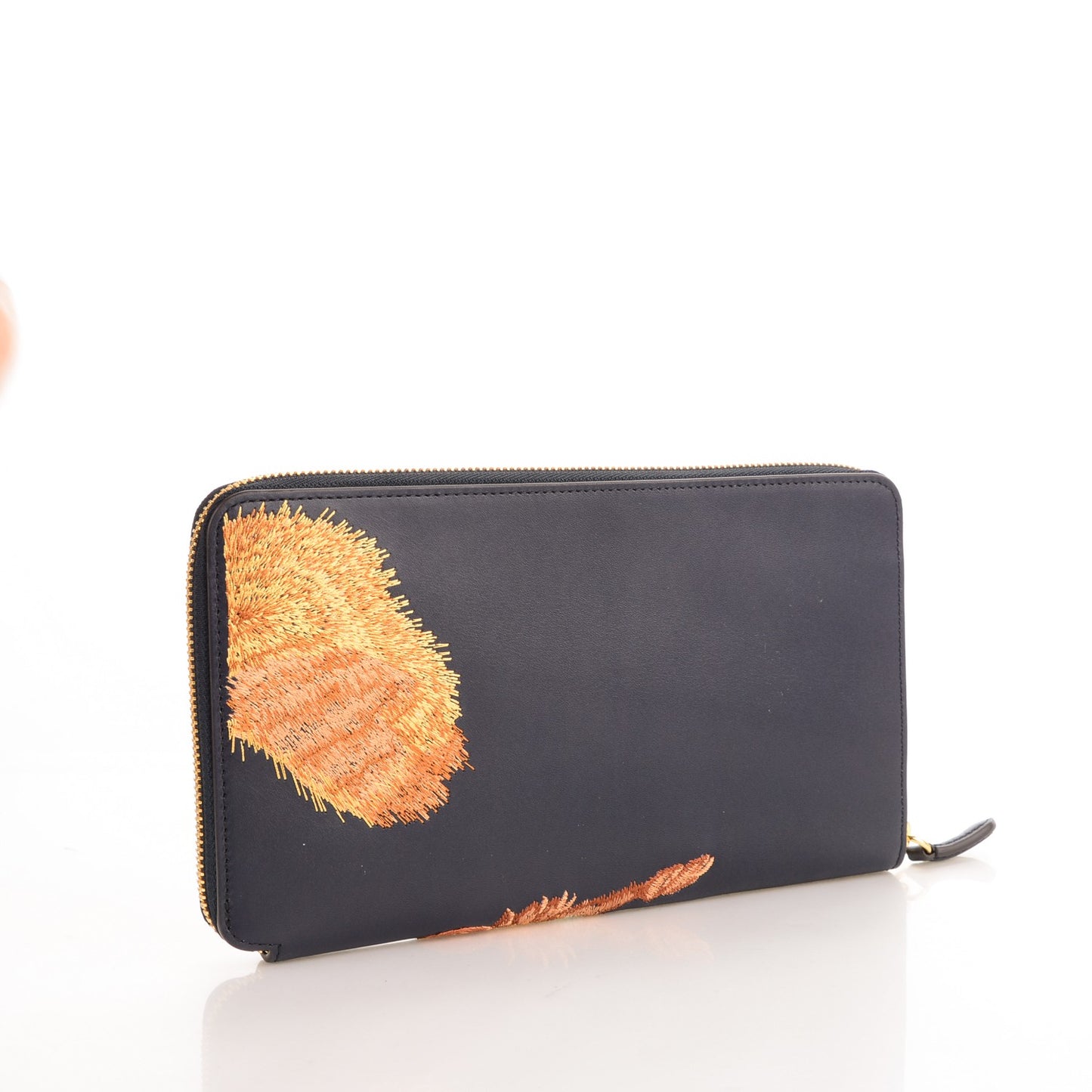 Smooth Calf Squirrel Embroidered Zip Around Clutch Wallet Navy