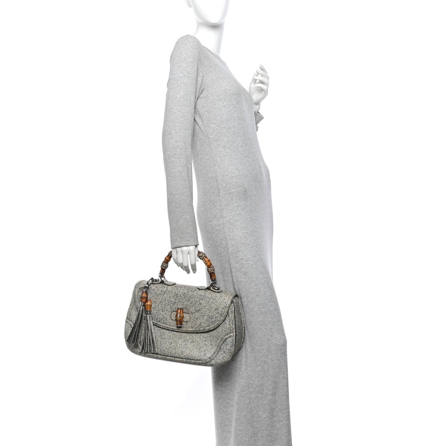 Calfskin Large New Bamboo Top Handle Bag Light Grey