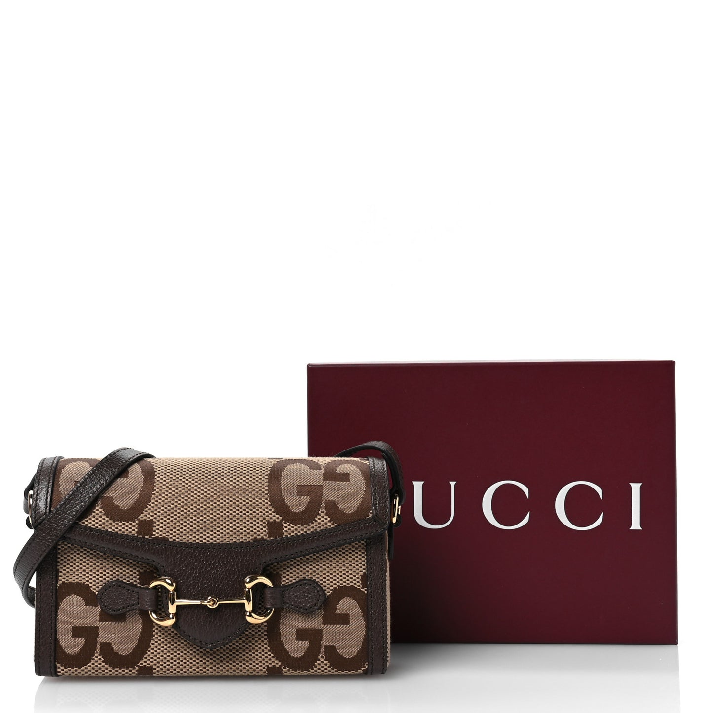 Monogram Jumbo GG Textured Dollar Calfskin Mini Horsebit 1955 Shoulder Bag Camel Ebony New Acero