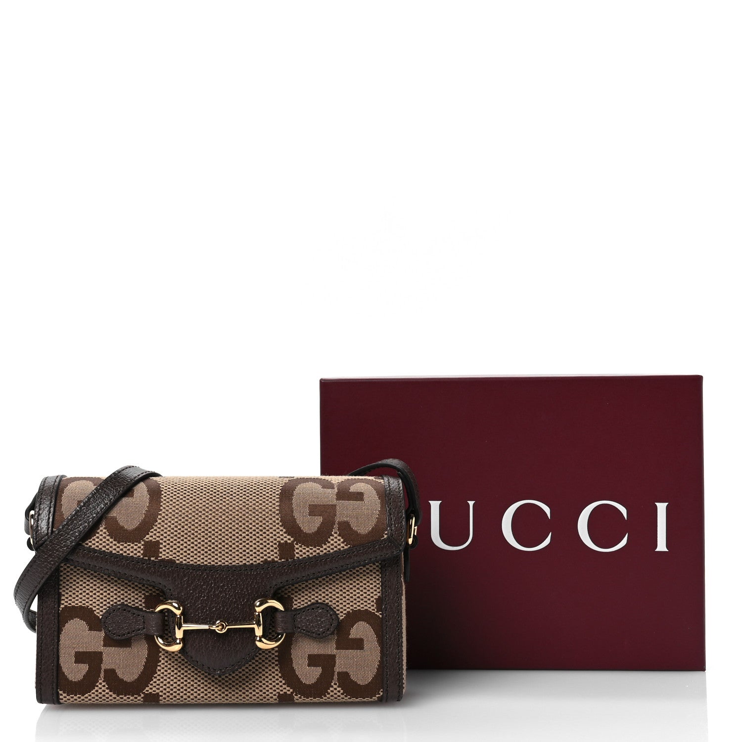 Gucci Monogram Jumbo GG Textured Dollar Calfskin Mini Horsebit 1955 Shoulder Bag Camel Ebony New Acero 11 of 11