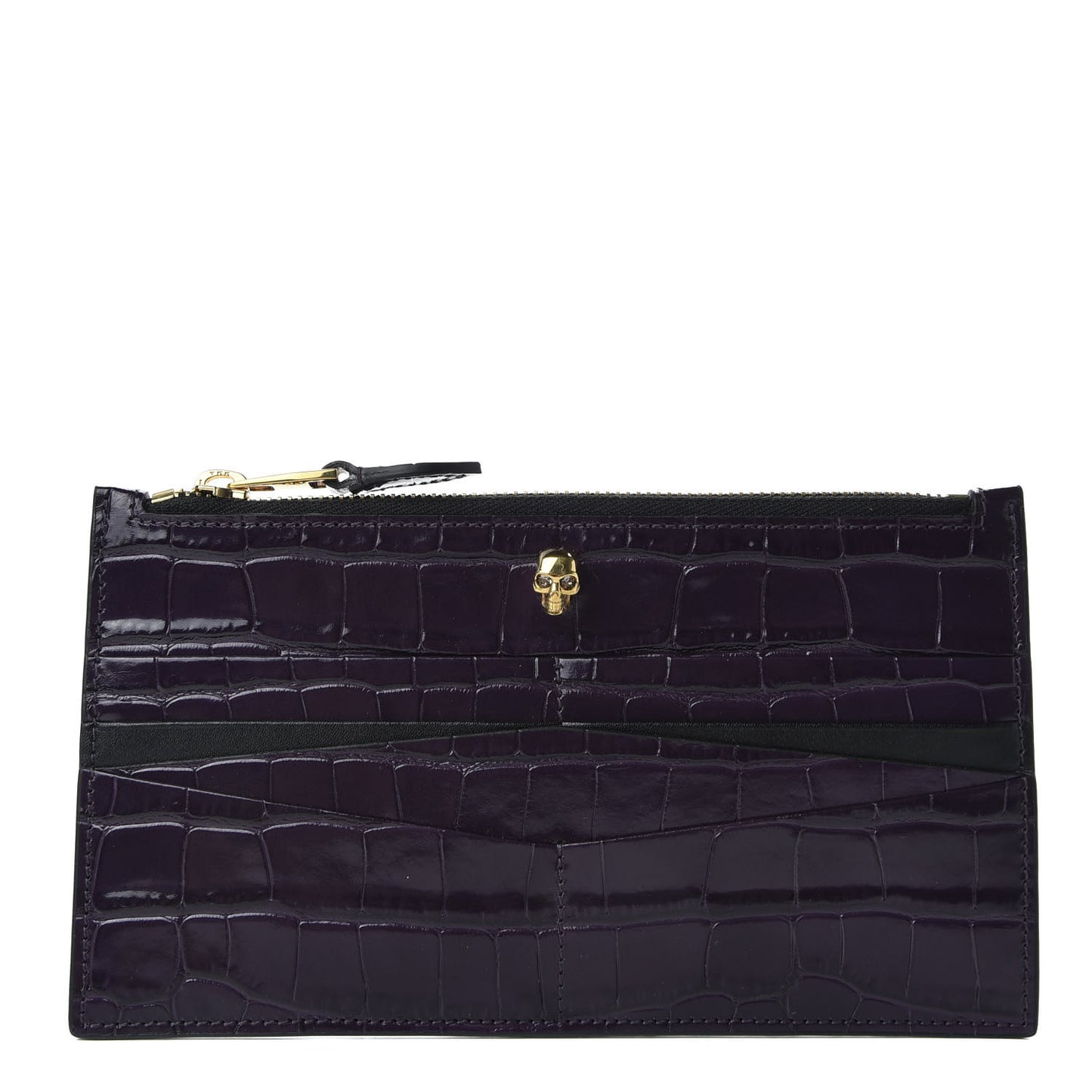 Calfskin Crocodile Embossed Skull Zip Wallet Card Holder Black