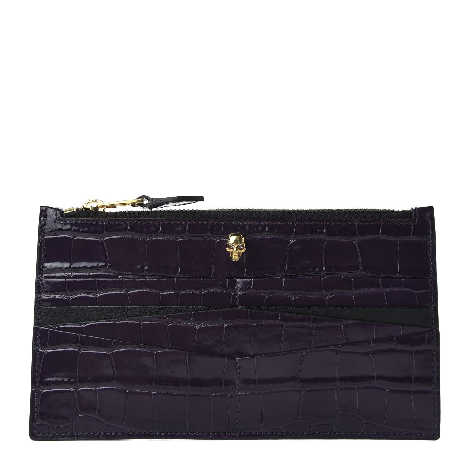 Alexander McQueen Calfskin Crocodile Embossed Skull Zip Wallet Card Holder Black 1 of 7