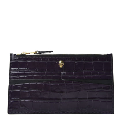 Alexander McQueen Calfskin Crocodile Embossed Skull Zip Wallet Card Holder Black 1 of 7