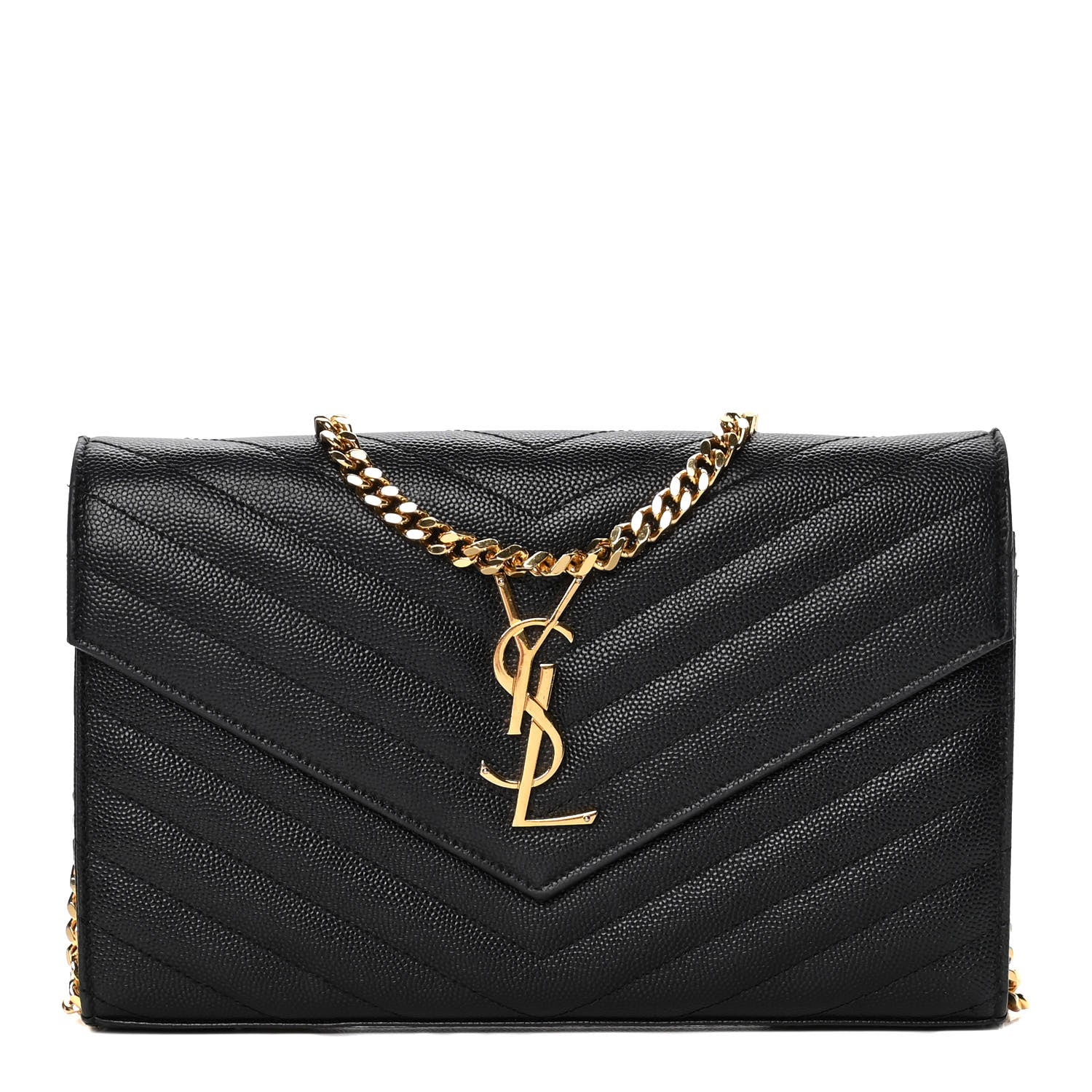 Saint Laurent Grain De Poudre Matelasse Chevron Monogram Chain Wallet Black 1 of 9