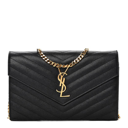Saint Laurent Grain De Poudre Matelasse Chevron Monogram Chain Wallet Black 1 of 9