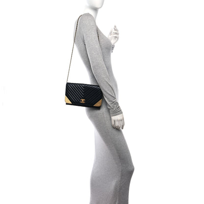 Chanel Calfskin Chevron Quilted Rock The Corner Clutch With Chain Black 3 of 10