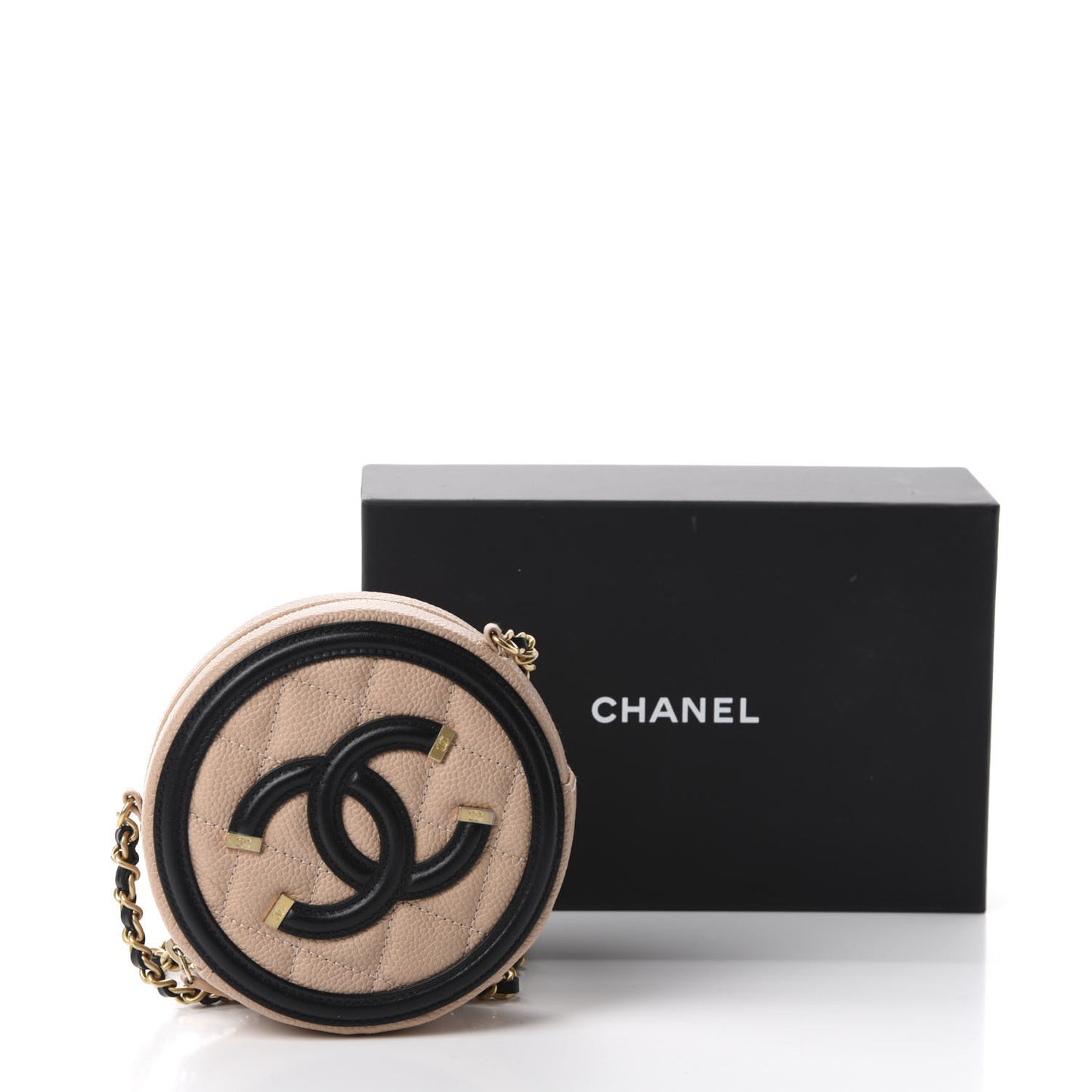 Caviar Quilted Round Filigree Crossbody Beige Black