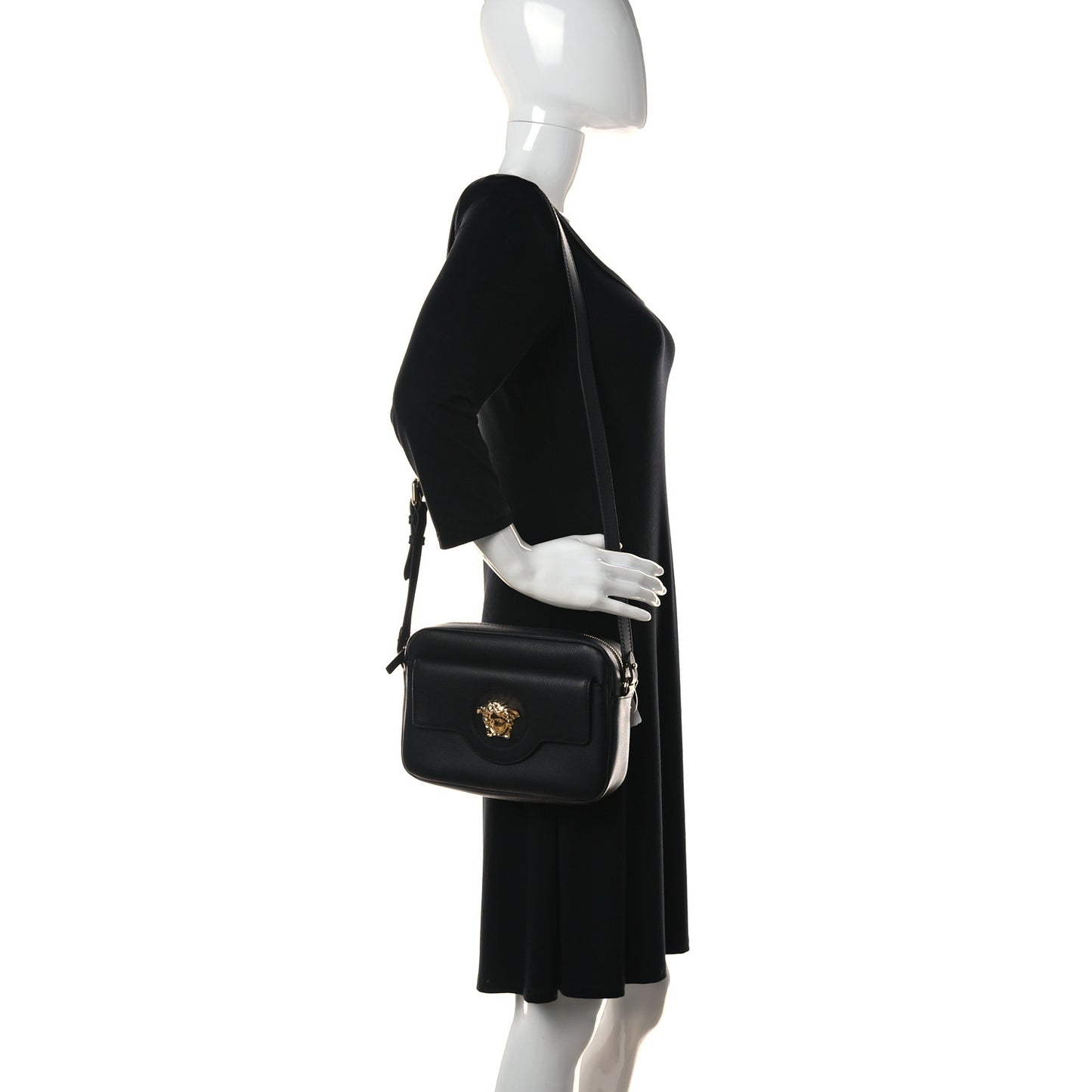 Grained Calfskin Medusa Camera Bag Black