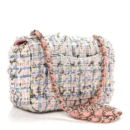 Chanel Tweed Quilted Mini Rectangular Flap Light Blue Pink Gold White 4 of 11